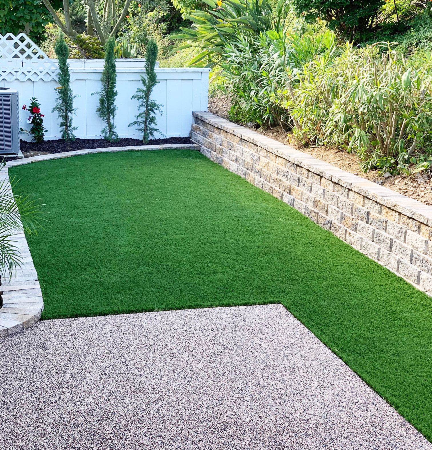 Freshly installed artificial turf lawn in a San Diego backyard